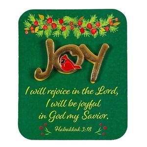 Gold Tone Joy Cardinal Christmas Holiday Lapel Pin Brooch with Scripture